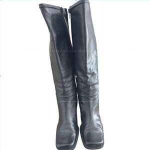Y2K Westies Blk Knee High Leather Boots, 3 Inch Chunky Heels Size 7